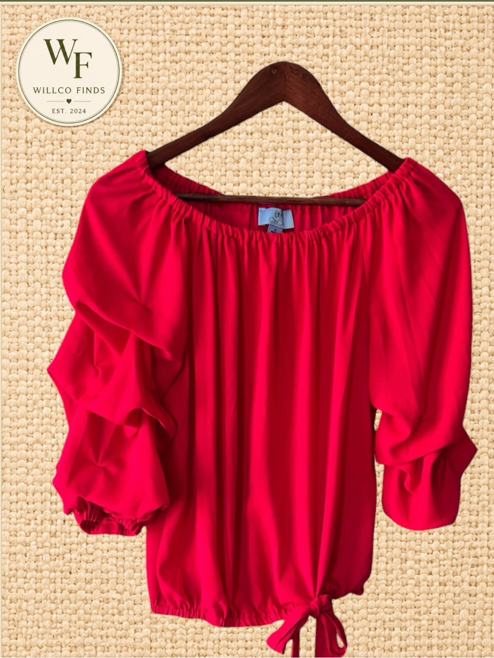 CeCe Women’s Red Ruffle Sleeve Tie Hem Blouse Off Shoulder Top Size M